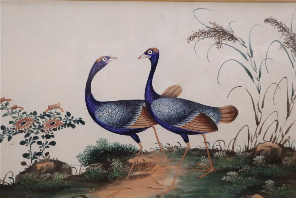 19th century Chinese School, gouache on paper, Study of two exotic birds, 20 x 33cm and a machined silkwork panel of a Japanese temple